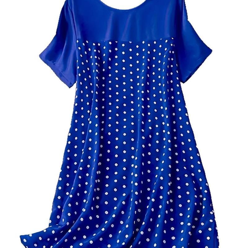 Damska wiosenno-letnia sukienka w kropki z okrągłym dekoltem i krótkim rękawem, wygodna