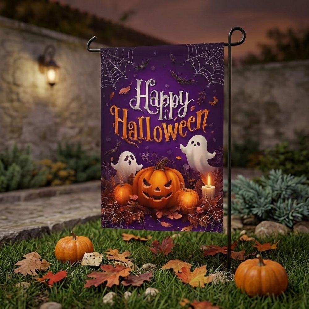 2D Flat Print Halloween Garden Flag Single Sided Haunted House Pumpkin Black Cat Cloth Spooky Polyester Halloween Outdoor Banner