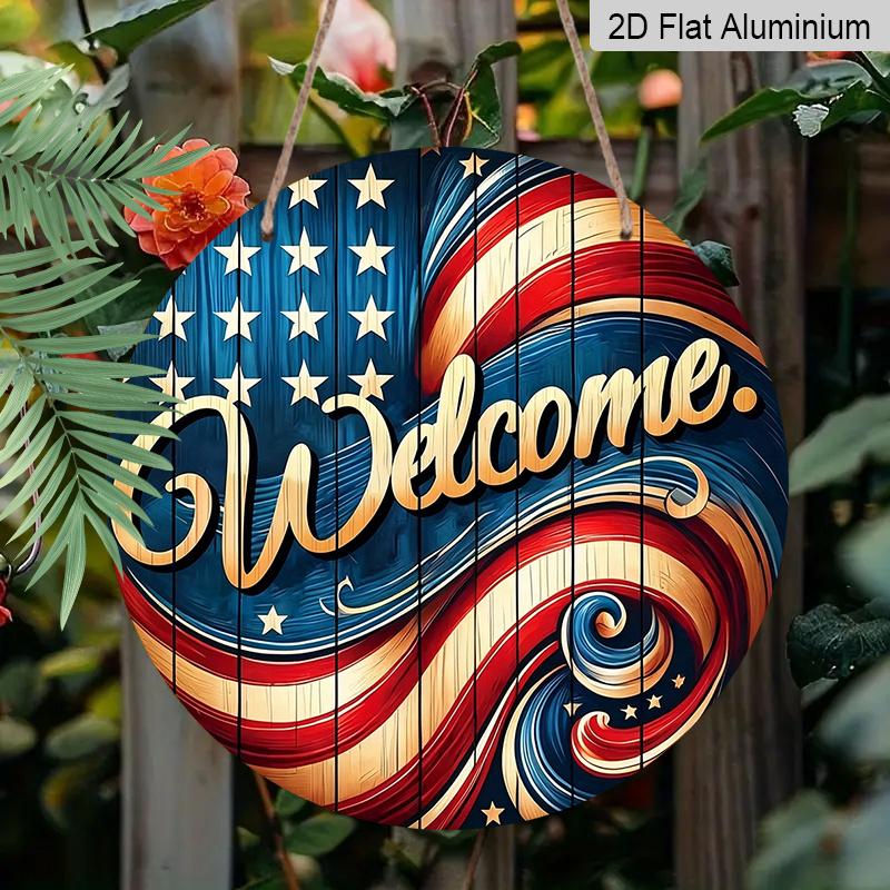 

2D Flat Aluminum Independence Day Style Welcome Sign Wall Decoration, Available in Various Sizes, Red and Blue Striped Star Style. Suitable for 20*20cm