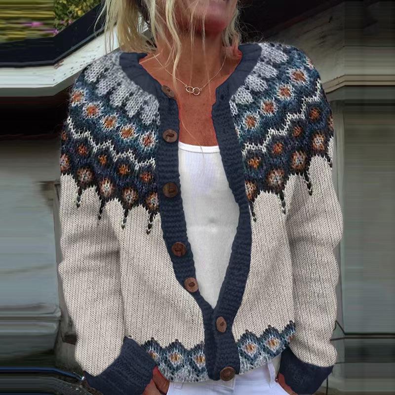 Women's Pink V-Neck Knit Cardigan with Jacquard Floral Pattern