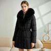 Womens Winter Mid-Length Cotton Coat With Detachable Faux Fur Collar Waist-Tied Slim Fit Warm Outerwear