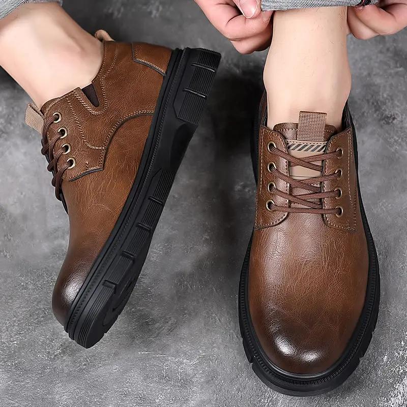 Lightweight Lace Up Round Toe Men's Leather Shoes Retro Adults Fashion 2026 Classic Original Social Comfortable Male Casual Shoe