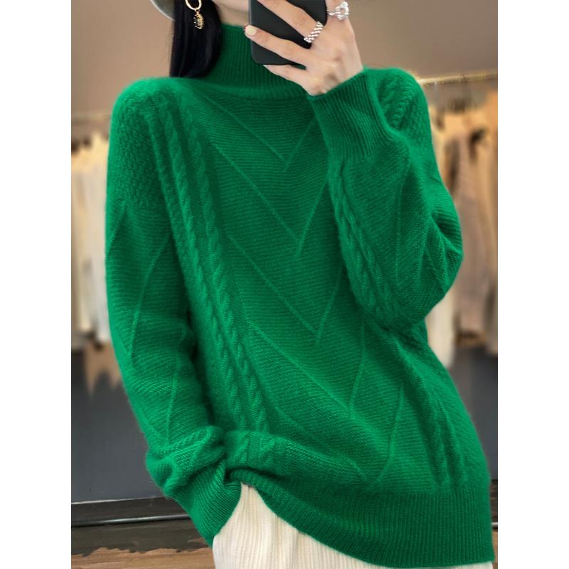 Autumn Winter New Loose Thickened Half High Neck Cable Knit Pullover Women's Sweater Slim Knitted Base Layer Top
