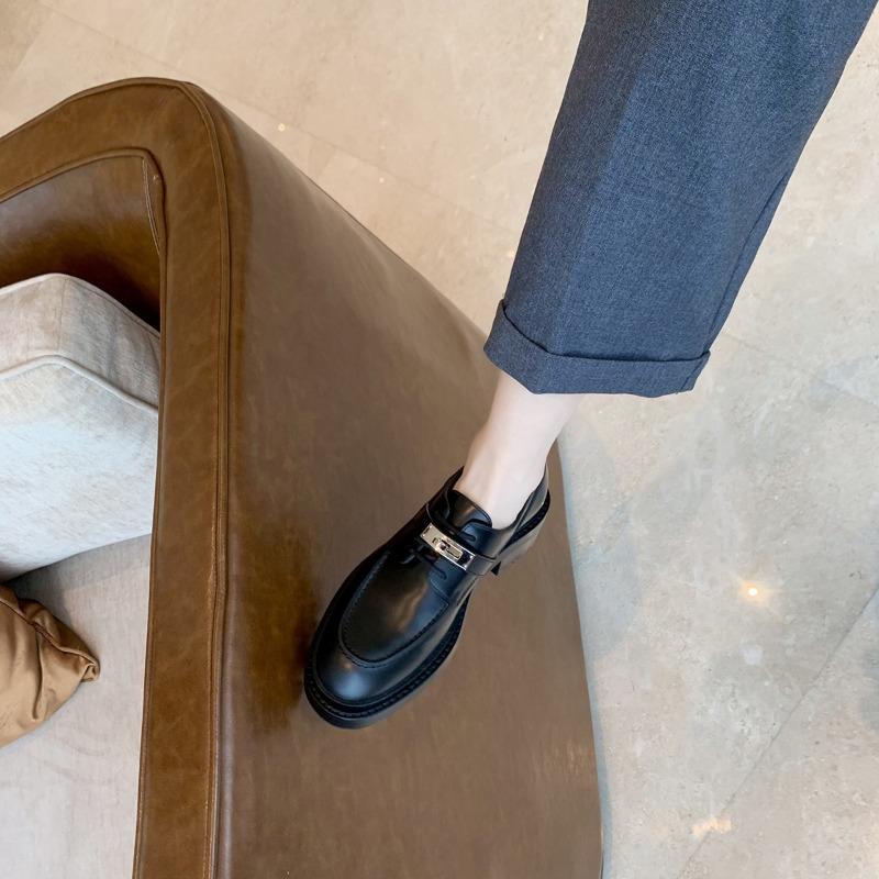 Cowhide Version~ Thick-soled Height Increase of 6cm Women's Genuine Leather British Silver Buckle College Style Small Leather Shoes