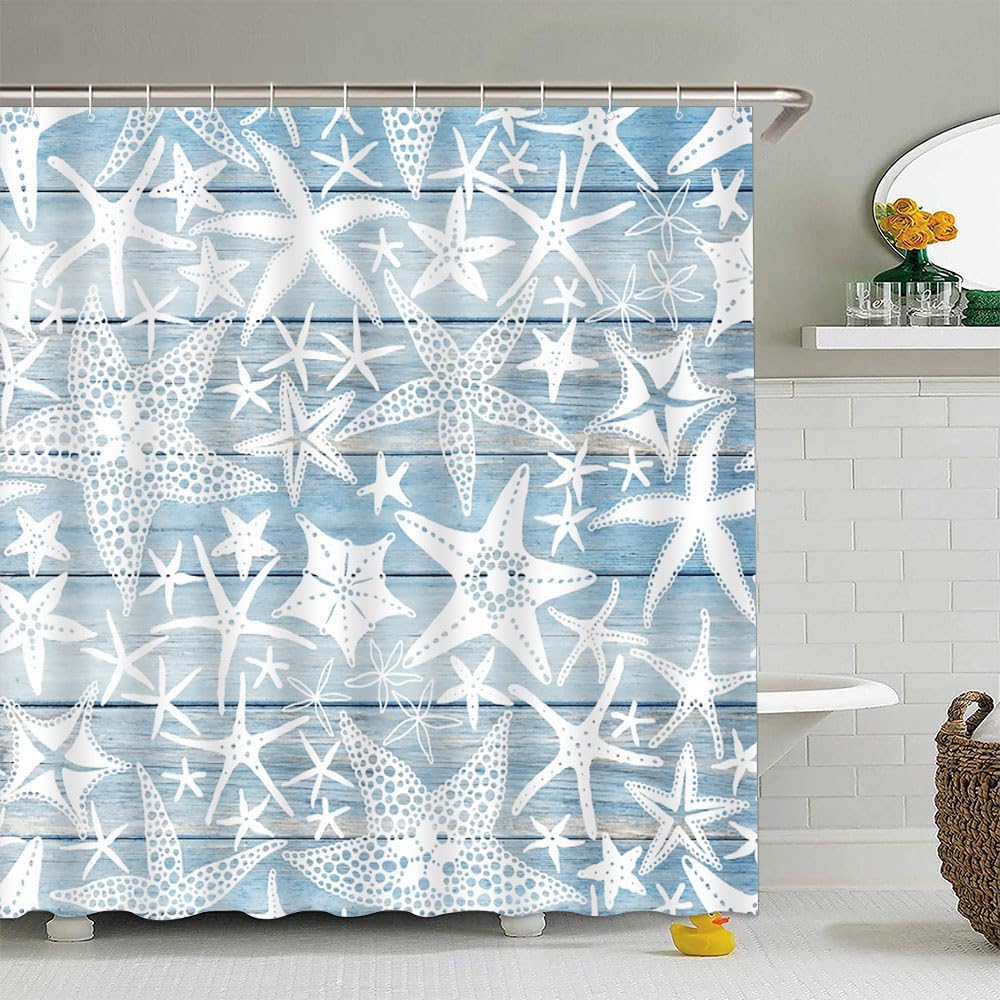 Pandara Jewelry Blue Starfish Shower Curtain Beach Ocean Coastal Marine Life Cartoon Abstract Nautical Watercolor Vintage Wooden Plank Summer