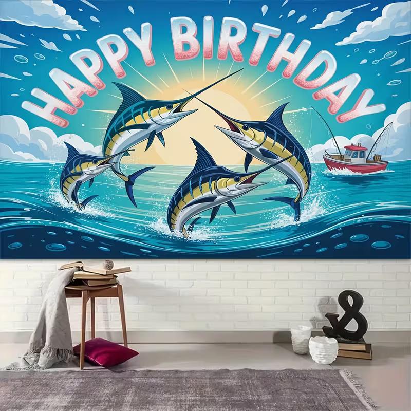 2D Marlin Fishing Birthday Backdrop Ocean Themed Photography Background
