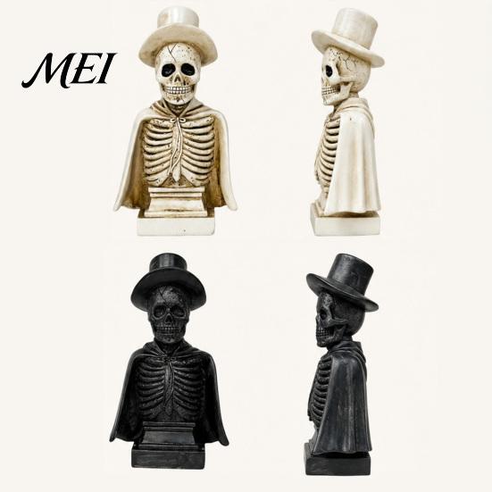 Halloween Tabletop Decoration for Party Gothic Skull Sculpture with Top Hat And Cape, Spooky Resin Prop Display Skeleton Figurine LED Light Home Decor