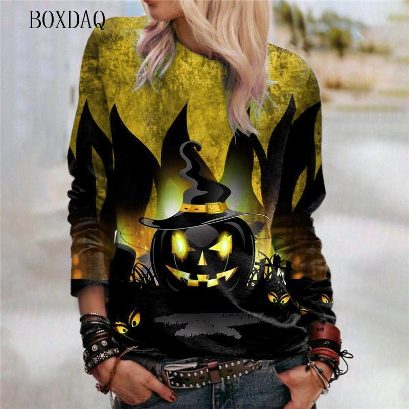 Horror Pumpkin Pattern Women Halloween T-Shirts Autumn Winter Long Sleeve 3d Print Street Ladies Tees 6XL Plus Size Casual Tops