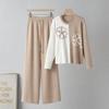 Women's Loose Fit Two Piece Matching Set Long Sleeve Color Block Embroidery Knit Top Elastic Waist Wide Leg Pants Winter Commuter Knitted Tracksuit