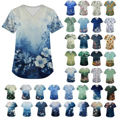 Damen Kurzarm Mode V-Ausschnitt mit Taschen Blumendruck Tops Kleidung
