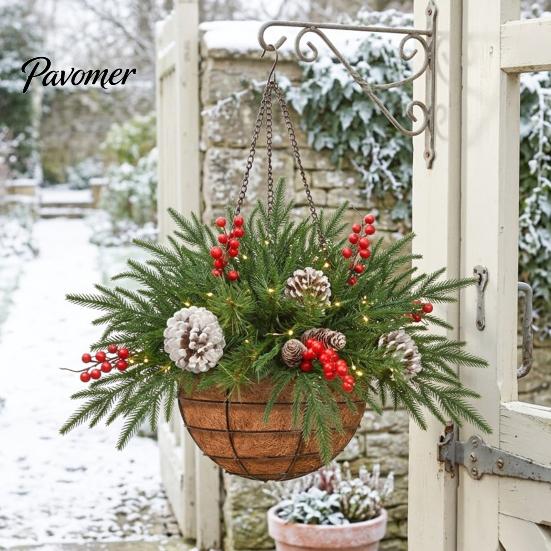 Winter Front Door Decoration Artificial Christmas Hanging Basket with Pine Branches, Red Berries & Pinecones, Natural Style Porch Decor Pre-lit