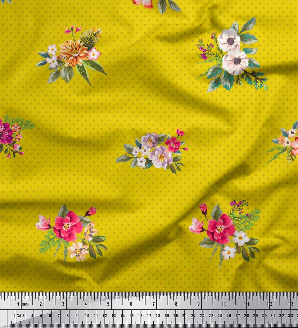 

Тканина Soimoi Grey Japan Crepe Satin Dot & Peony Floral Print Тканина на метр 42 дюйма 42 Inch Wide - Poly Crepe жовтий