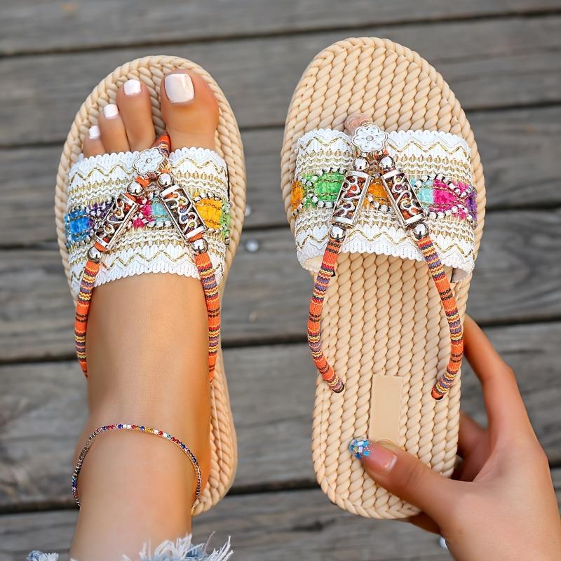 Women's Summer Slip-On Sandals  Comfortable Non-Slip EVA Sole,Breathable Fabric Upper with Colorful Beaded Ankle Strap - Casual Beach Shoes for Women,