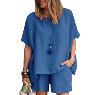 Spring Summer Women Two-piece Set Top Shorts Set O-Neck Short Sleeves Loose Elastic Waist Solid Color Soft Casual Homewear
