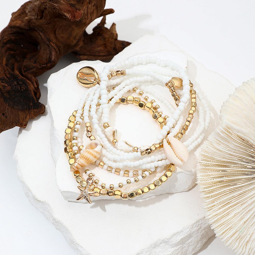 Charm Vacation Beaded Beach Foot Jewelry Pendants Bohemian Style Handmade 8-Piece Anklet Set Sea Shell Starfish
