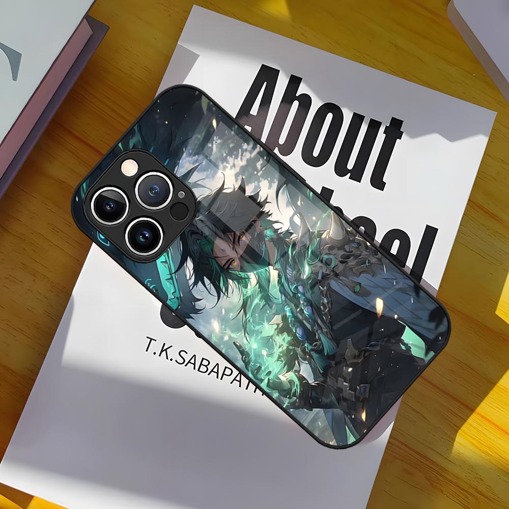 Games Genshin Impact Phone Case Tempered Glass Back Cover for iPhone 15 Pro Max 14 Pro 12 11 13 Mini X XR XS 8 7 Plus SE
