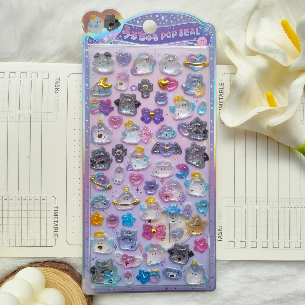 Kids 3D Crystal Relief Stickers - Cute Ghost Bird Strawberry Rabbit Penguin Decals Waterproof for Kpop Photocard DIY Decor Gifts