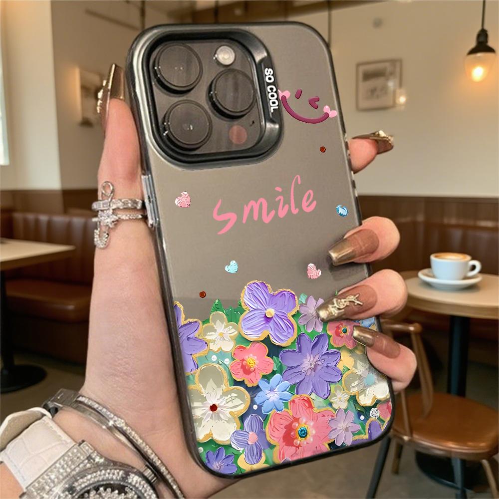 Smile with Colorful Flowers Hard Phone Case for Iphone 16 15 14 13 12 11 Pro Max Mini Shockproof Anti-Scratch Protective Cover