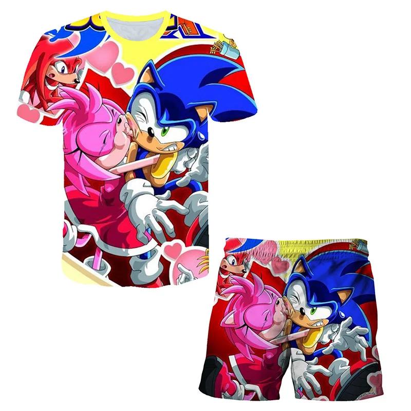 2025 MINISO New boys and girls super sonic Tshirts+shorts  Harajuku Sonic print suit T-shirt + shorts fashion street style children's short sleeves