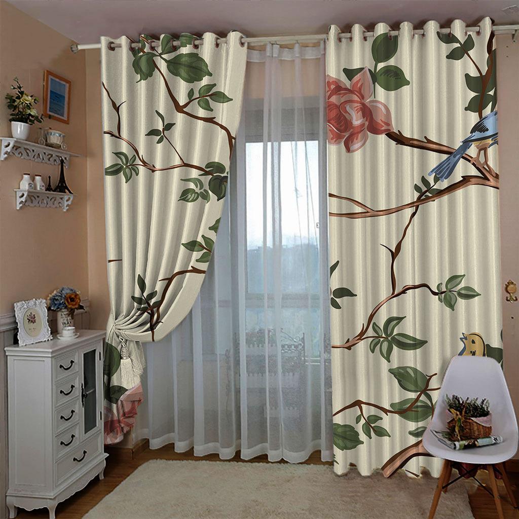 Curtains Flower And Bird Line Series Spring 3D Digital Printing High Density Blackout Curtains