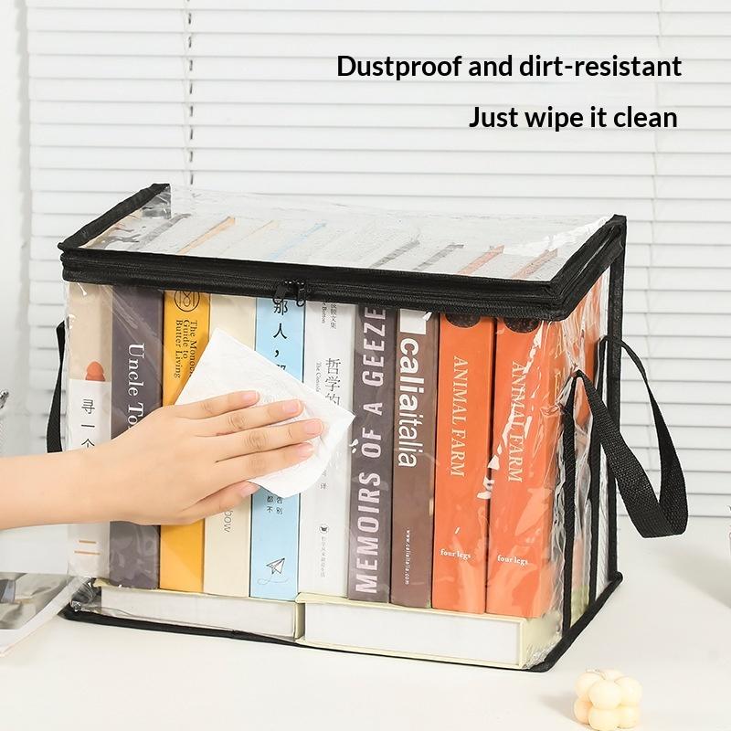 Transparent Foldable Book Storage Organizer With Zipper Lid Portable Handles For Home Office Student Dorm Use