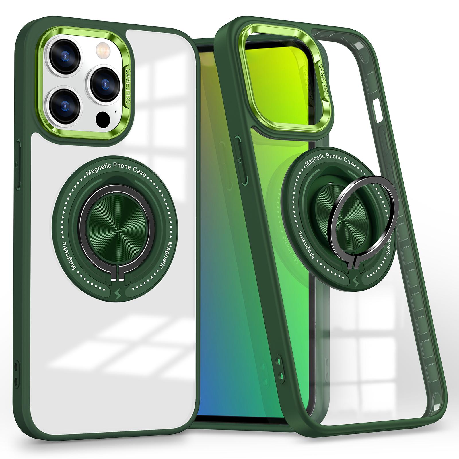 

For iPhone 14 Pro Magnetic Phone Case Transparent PC+TPU Kickstand Phone Cover Blackish Green