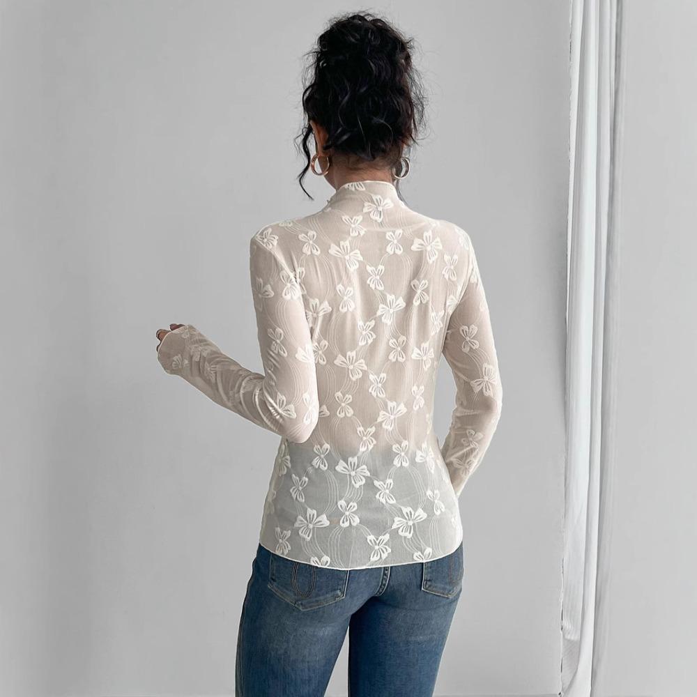 Spring Ladies Butterfly Jacquard Mesh Slim Small Standing Collar Long Sleeve T-Shirt