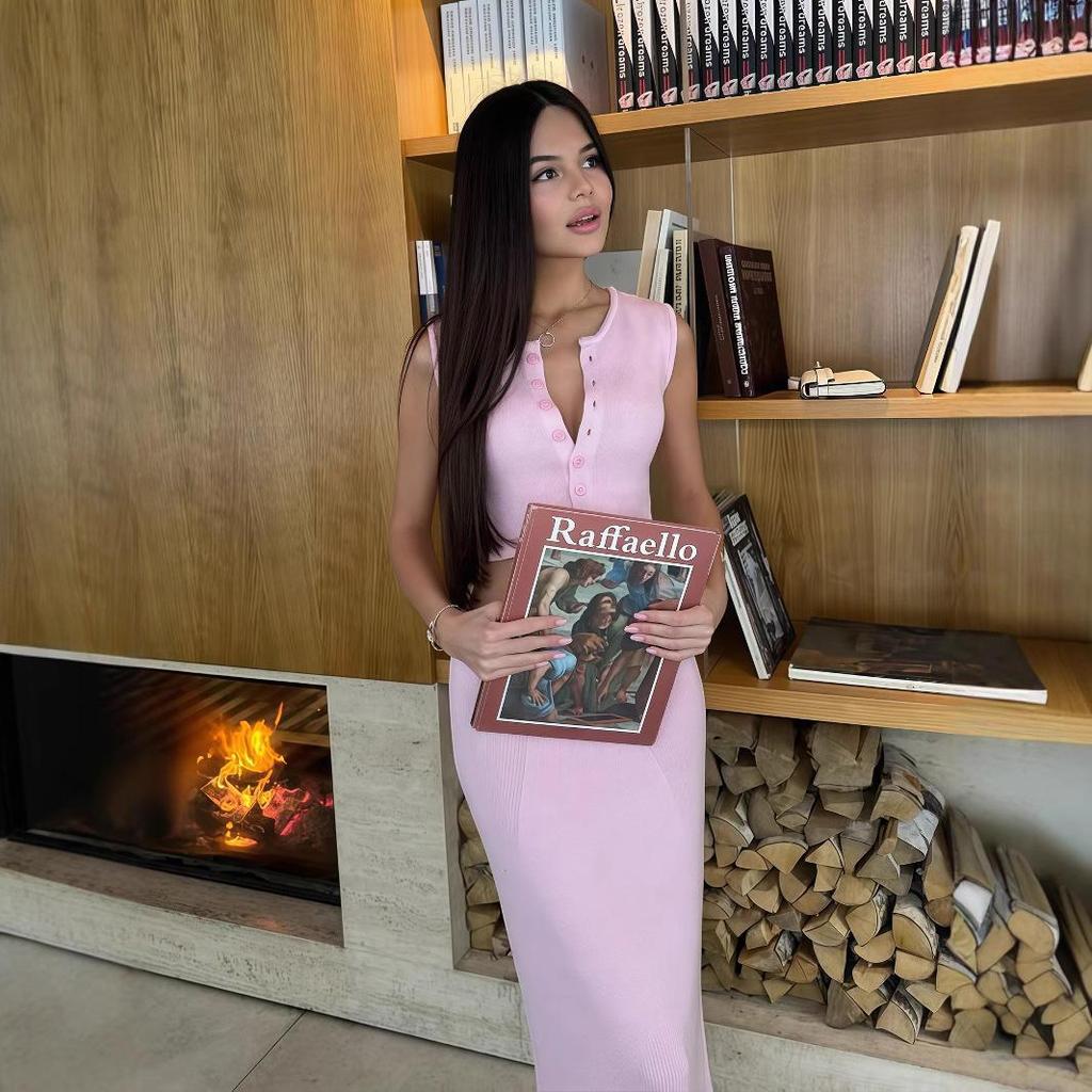 European & American Pink Slim Knit Set - Sleeveless Cardigan Crop Top & High Waist Hip Wrap Skirt