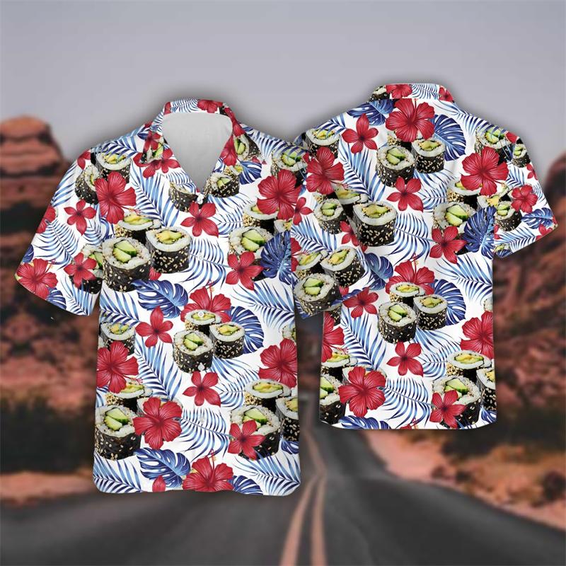 Delicious Sushi Shrimp Graphic Female Beach Shirts Hip Hop Hawaiian Rice Balls Lapel Blouse Fast Food Bento Shirt For Men Tops
