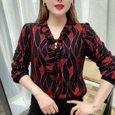 Women Tie Shirt V-neck Long Sleeve Pullover Tops Printing Faux Pearl Loose Fit Blouse Plus Size Streetwear