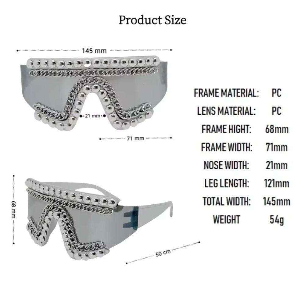Silver Chain One-piece Sunglasses Rhinestone Decoration Trendy Shade Eyewear  For Women Men