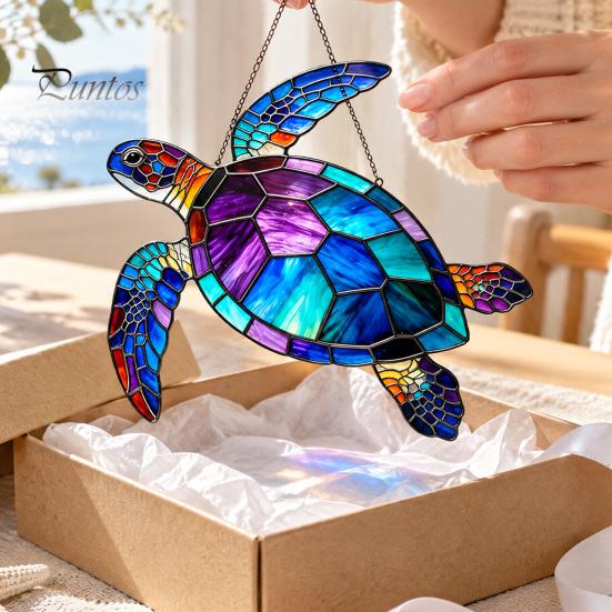 Peaceful Ocean Vibe Decor Sea Turtle Suncatcher, Acrylic Window Hanging Ornament, Faux Stained Glass Themed Gifts for Women Coastal Lovers,