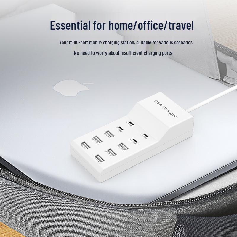 10-Port USB-C Fast Charger Power Strip, 5V2A, Safe Socket for Apple, Huawei, Xiaomi