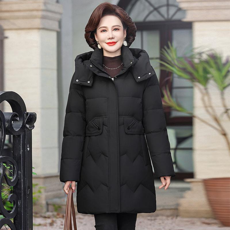 Jachetă de iarnă cu glugă, de lungime medie, cu puf de rață - Alb Călduț, Coată de iarnă pentru mame de vârstă mijlocie (2025)