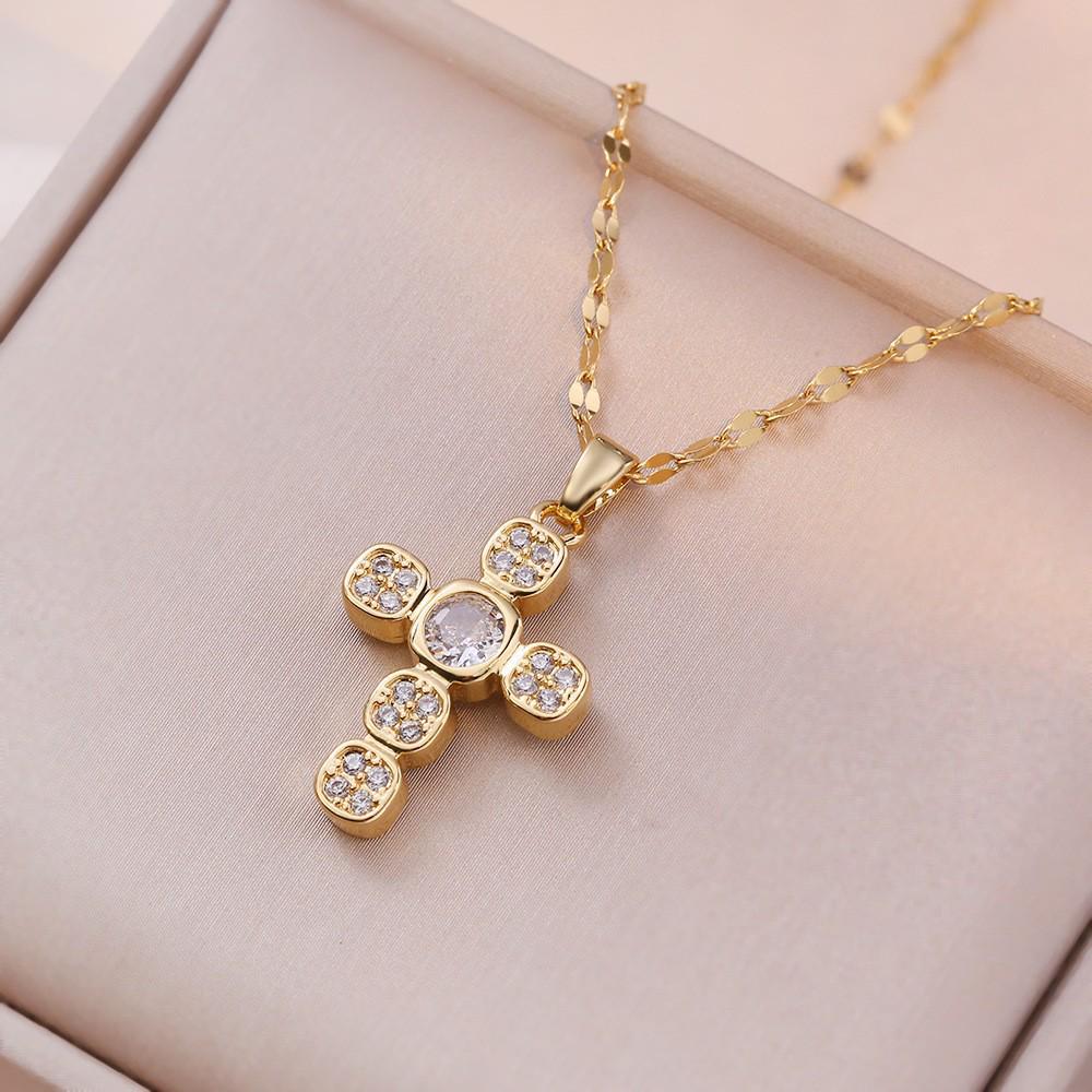 Damen Bunte Zirkon Kreuz Halskette - Nischendesign mit Voll-Diamant-Anhänger an Edelstahlkette
