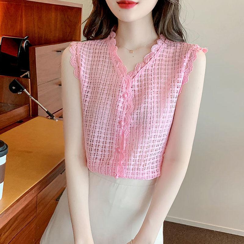 Sweet Solid Color V-Neck Lace Patchwork Shirt Fashion Button Hollow Out Women's Clothing Summer Commute Sleeveless Blouse