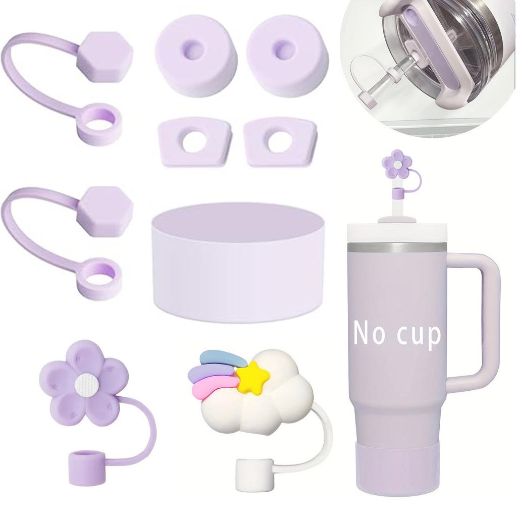 9PCS Purple Flower Rainbow Cloud Straw Caps Leak-Proof Plug Reusable Silicone Cup Covers for 40oz & 30oz Stanley Cup Accessories