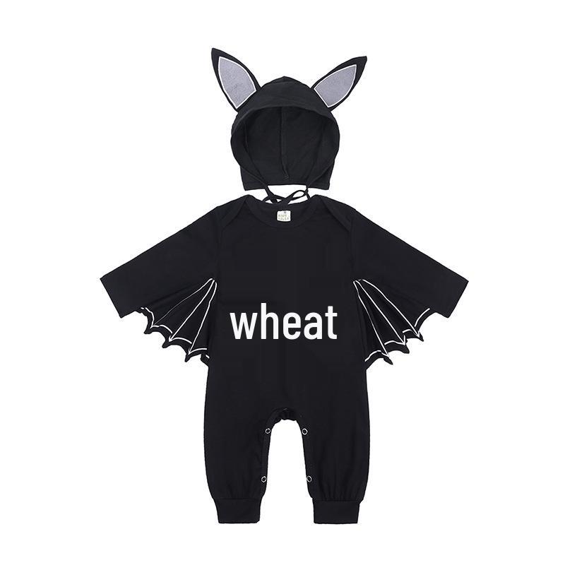 Halloween Skull Print Baby Romper with Bat Shape and Pumpkin Design, Includes Hat