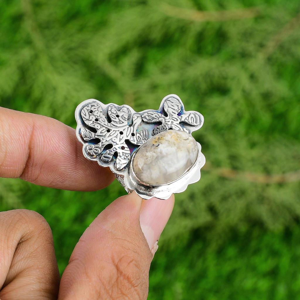 Mothers Day Deal 925 Silver Plume Agate Stone Statement Elegant Bezel Wife Ring