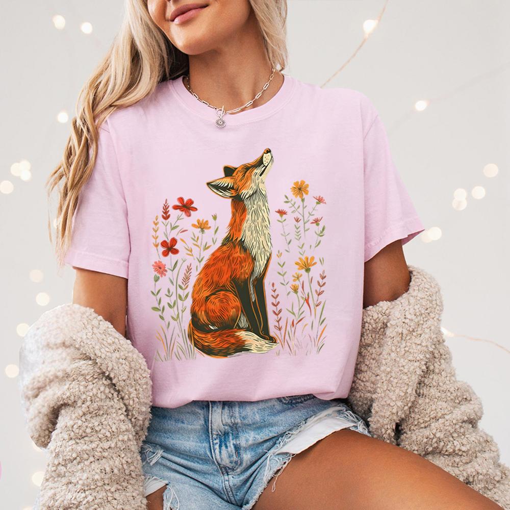 Vintage Wildflower Fox Comfort Shirts Light Academia Cottagecore Forestcore Whimsical Shirt Casual Daily Y2K Top Streetwear