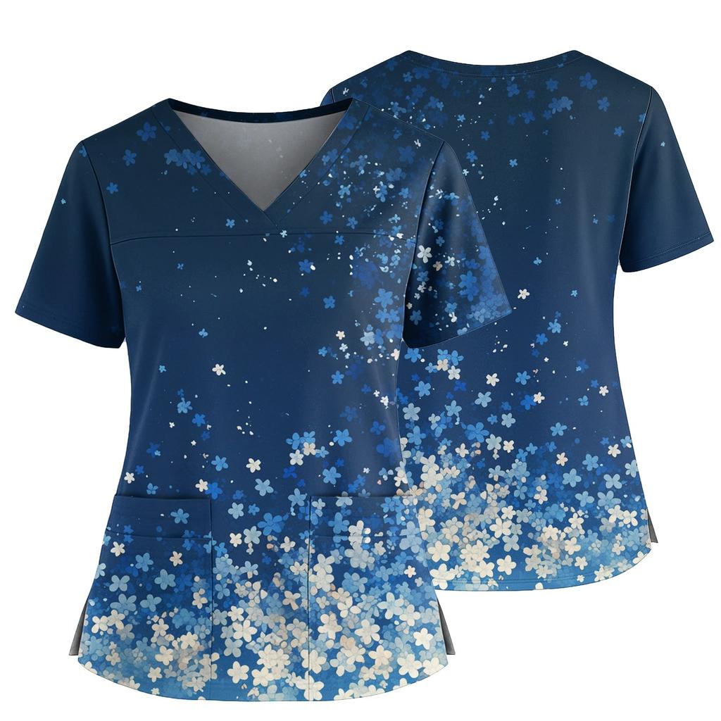 Women's Casual Printed V-Neck Pocket Side Slit Short Sleeved Top Short Sleeved Top