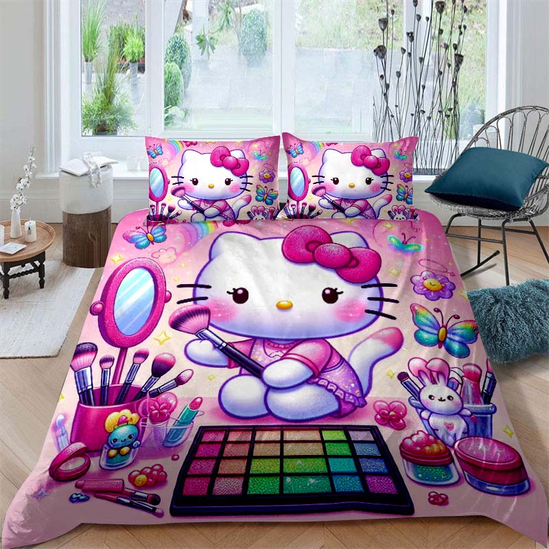 This Hello Kitty three-piece bedding set with a cartoon heart print, including one duvet cover and two pillowcases, makes a perf
