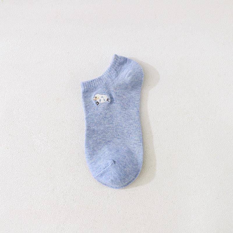 5 Pairs Women Socks Harajuku Embroidered Short Sock Female Cartoon Sock Sheep Striped Solid Casual Cotton Breathable Ankle Socks