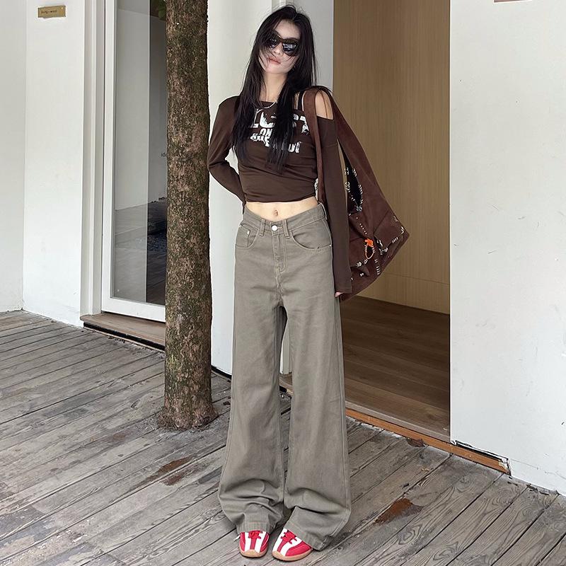 Brown High-Waisted Wide-Leg Plus Size Women s Jeans - Flowy, Slimming, Straight, Versatile Trousers for Spring/Autumn S