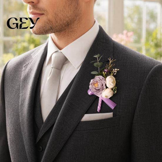 Durable Suit Pin Purple Wedding Boutonniere, Artificial Silk Flower Lapel for High-end Brooch Groom Bride Parents, Romantic Wrist Corsage Bridal Party