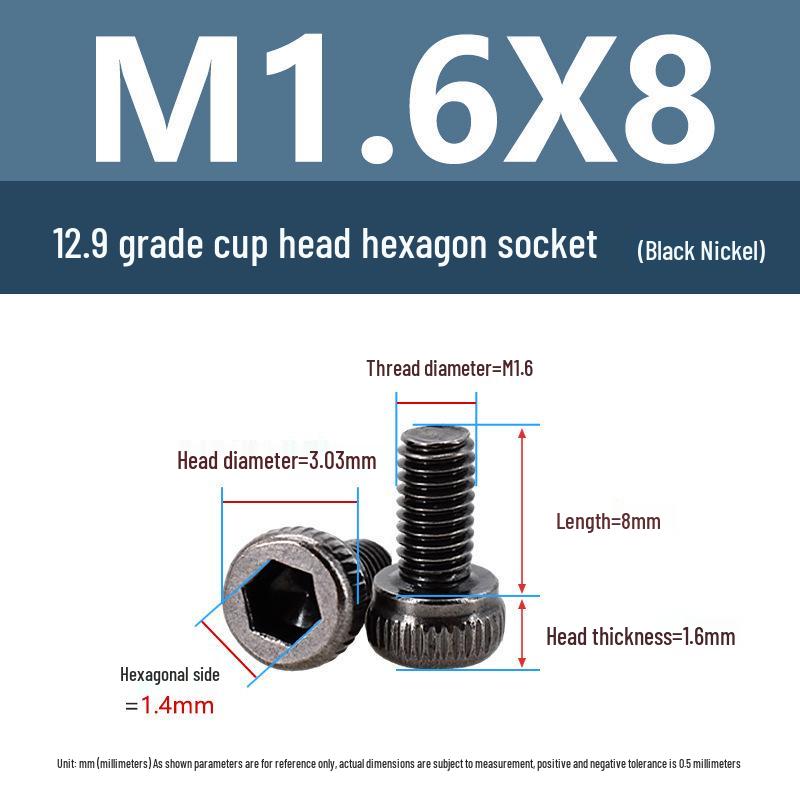 Yigu High-Strength Black Nickel Hex Socket Screw, M1.6-M4, Knurled Cup Head Bolt, 12.9 Grade.