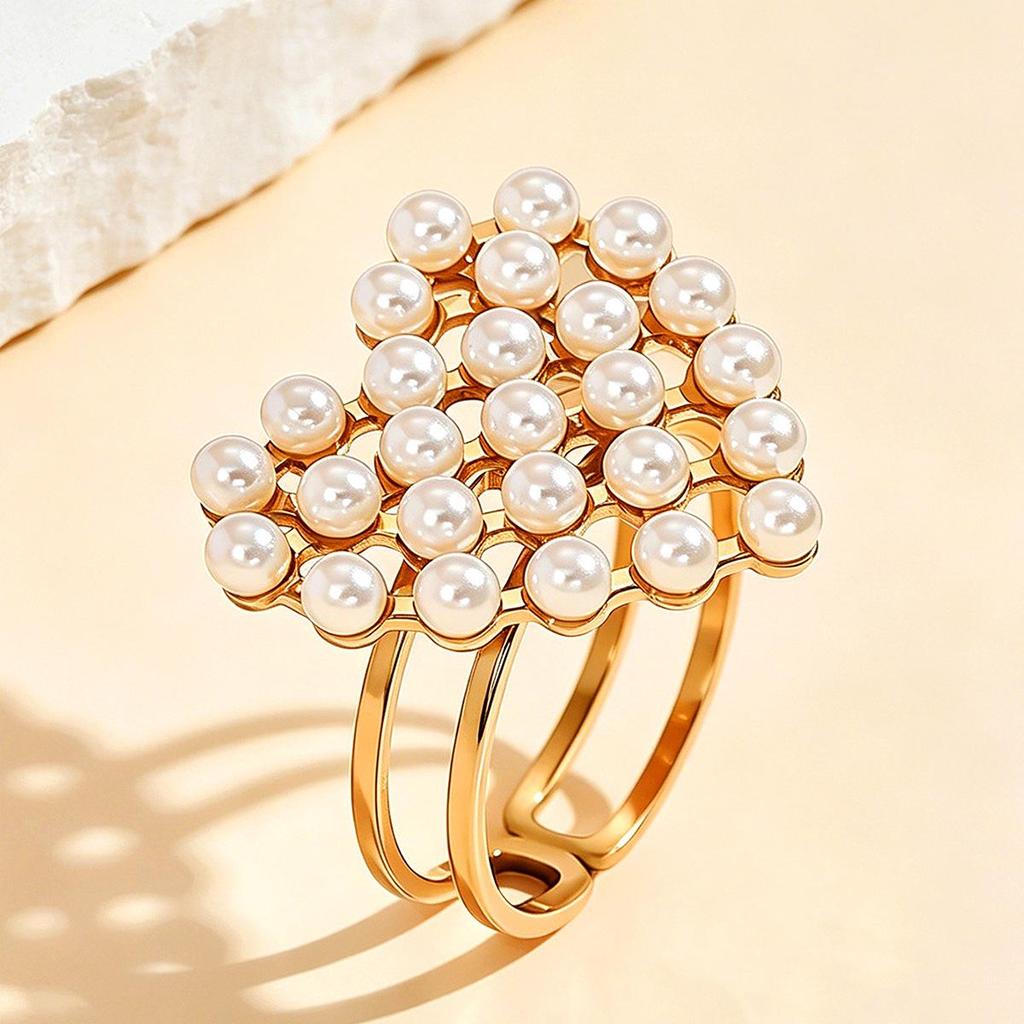 Personalized Stainless Steel Heart Ring with Pearl - Chic, Adjustable, Versatile Design