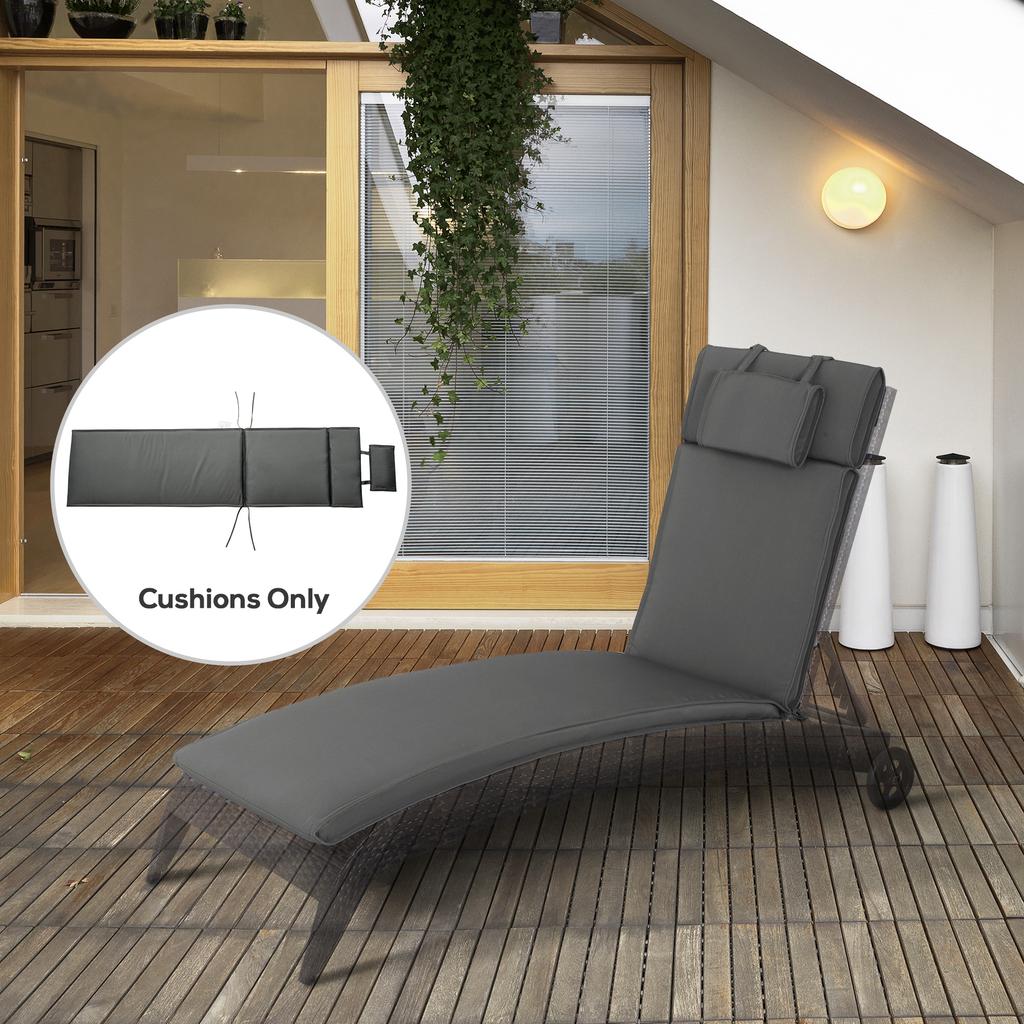 Garden Sun Lounger Cushion Replacement Soft Sunbed Reclining Chair Relaxer Pad with Pillow, Cushion ONLY - Grey