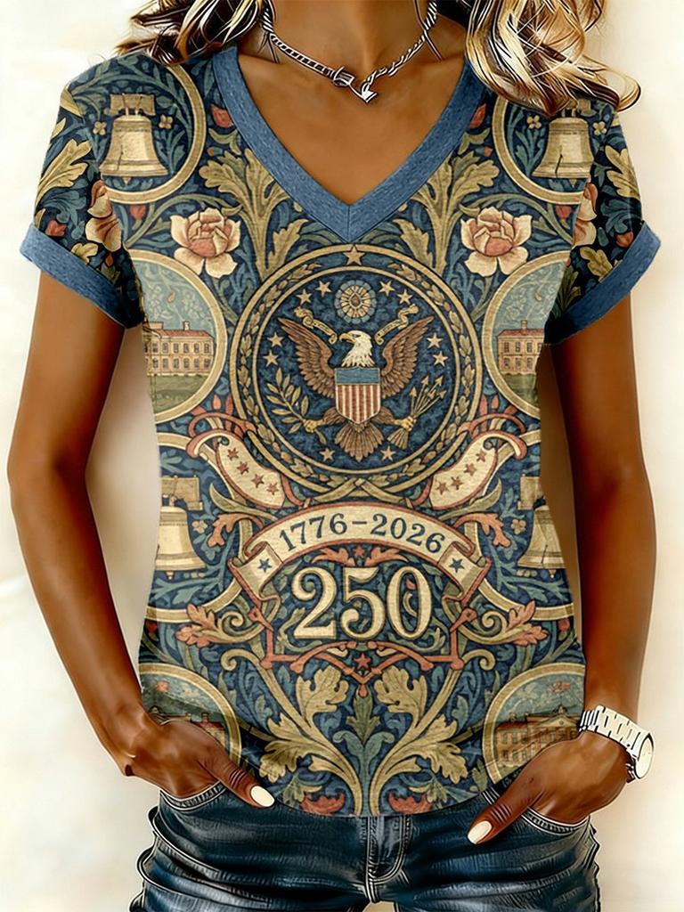 European and American Style Women's Clothing Casual V-neck Short-sleeved T-shirt D Digital Printing Source Wholesale