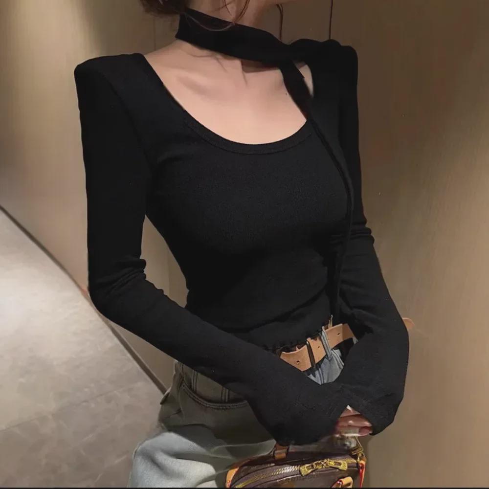 2025 Fall Korean Solid Color Casual Round Neck Long Sleeve Short Bottom T-Shirt for Small Men.